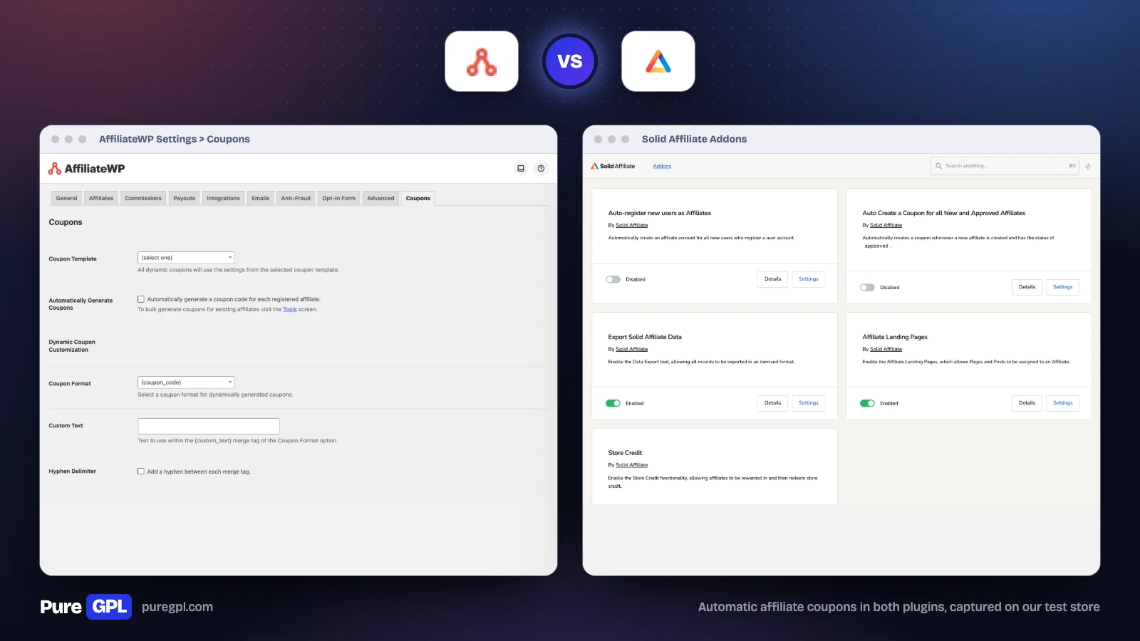 AffiliateWP vs Solid Affiliate: Which Should You Use in 2026? 4 AffiliateWP's Coupons settings tab next to Solid Affiliate's Addons screen