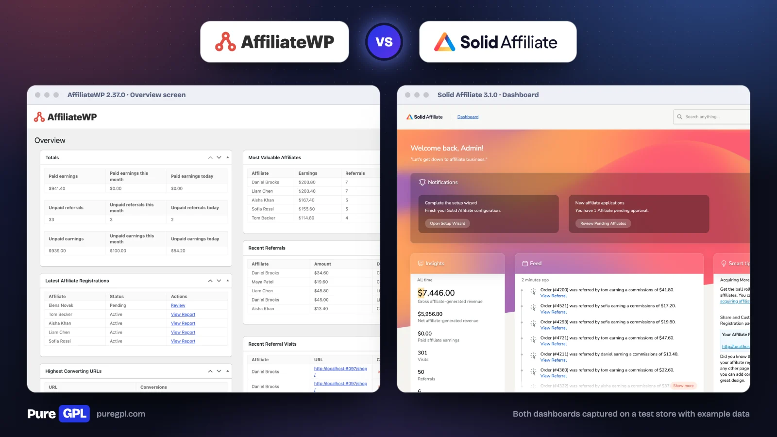 AffiliateWP overview screen and Solid Affiliate dashboard side by side