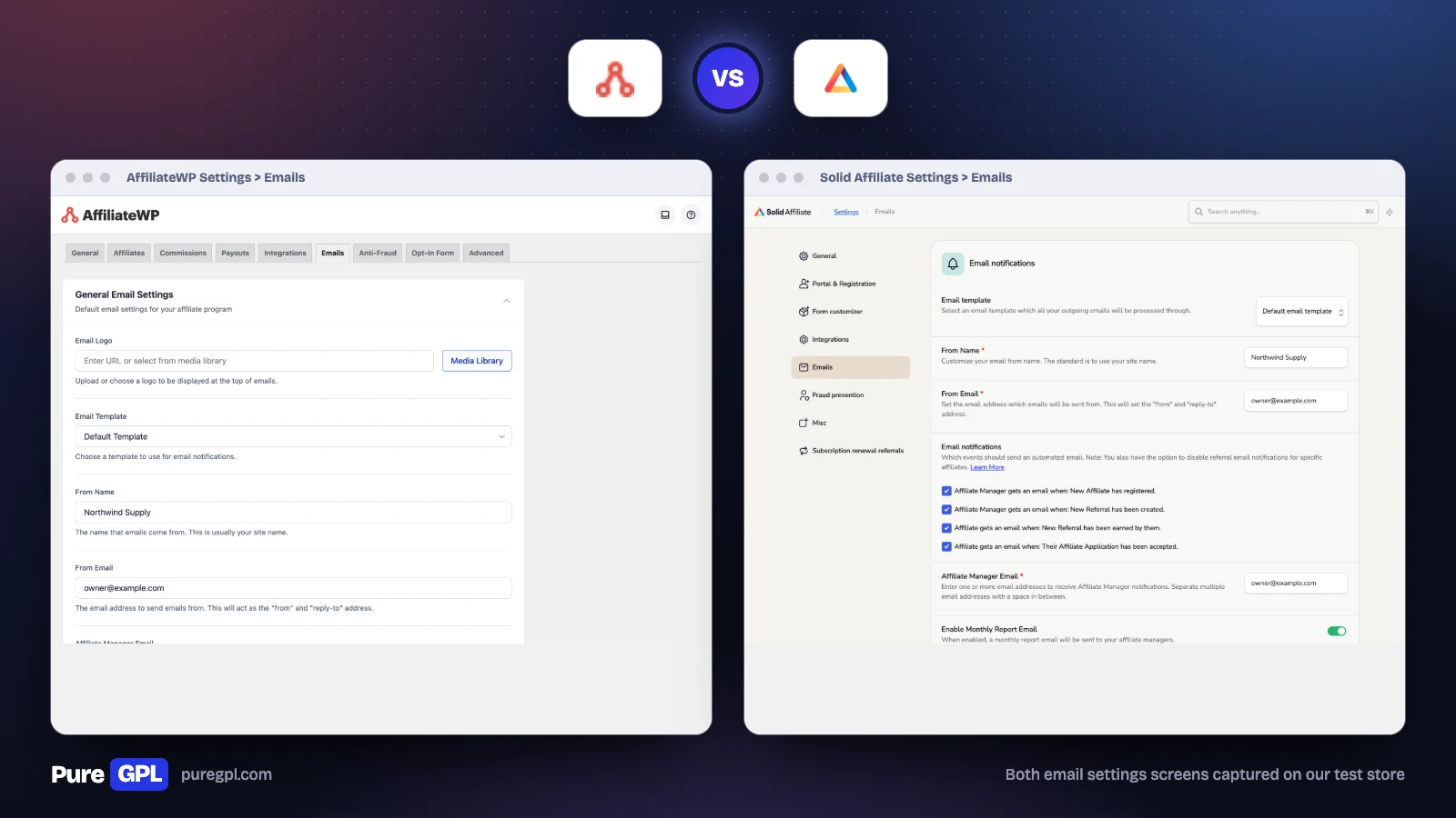 AffiliateWP vs Solid Affiliate: Which Should You Use in 2026? 10 AffiliateWP's Emails settings tab next to Solid Affiliate's Email notifications settings