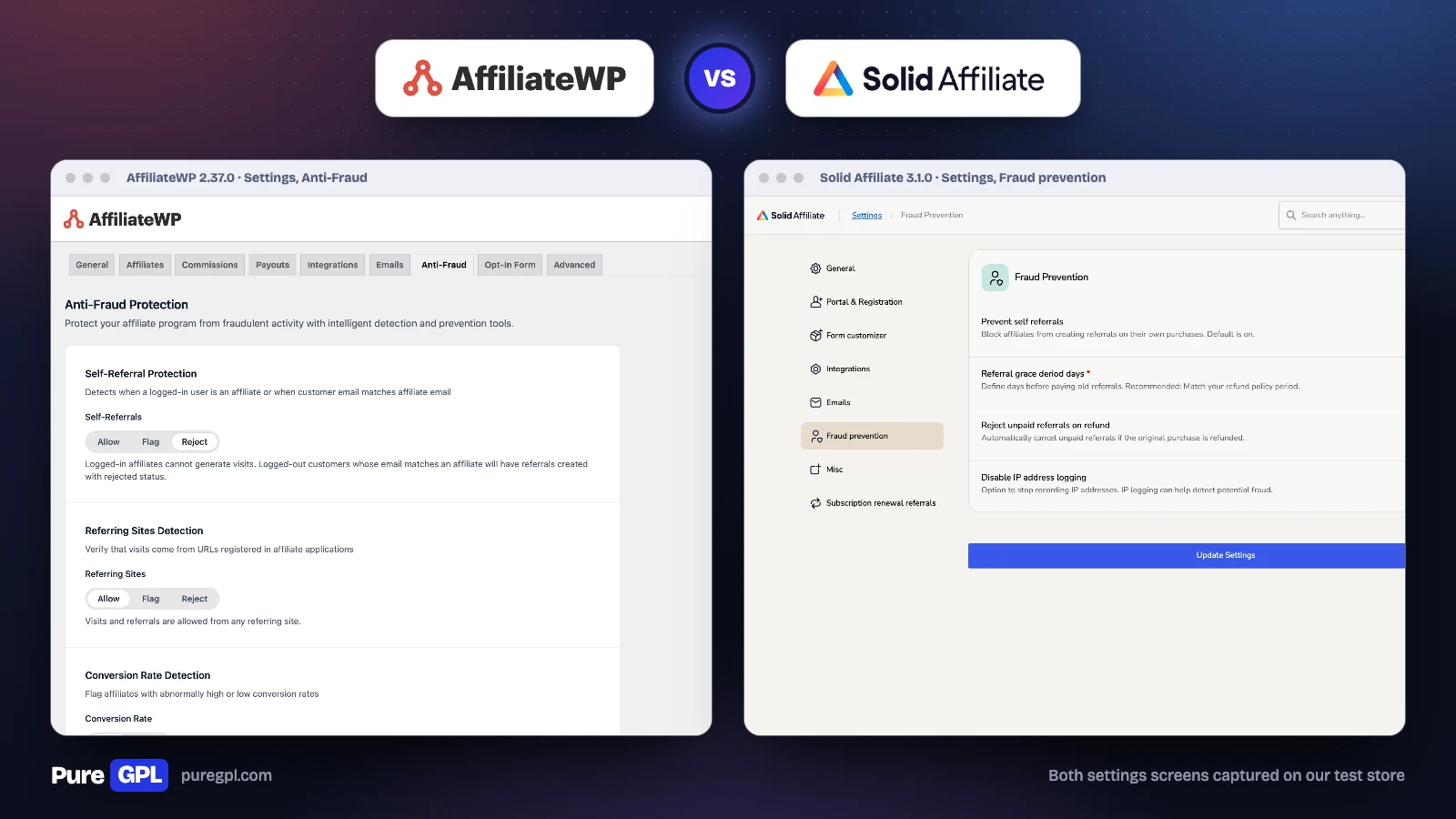 AffiliateWP vs Solid Affiliate: Which Should You Use in 2026? 6 AffiliateWP Anti-Fraud settings next to Solid Affiliate's Fraud prevention settings