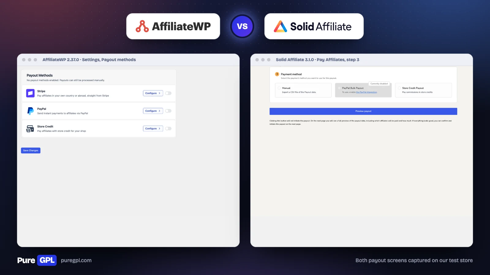AffiliateWP vs Solid Affiliate: Which Should You Use in 2026? 5 AffiliateWP payout methods next to Solid Affiliate's Pay Affiliates screen