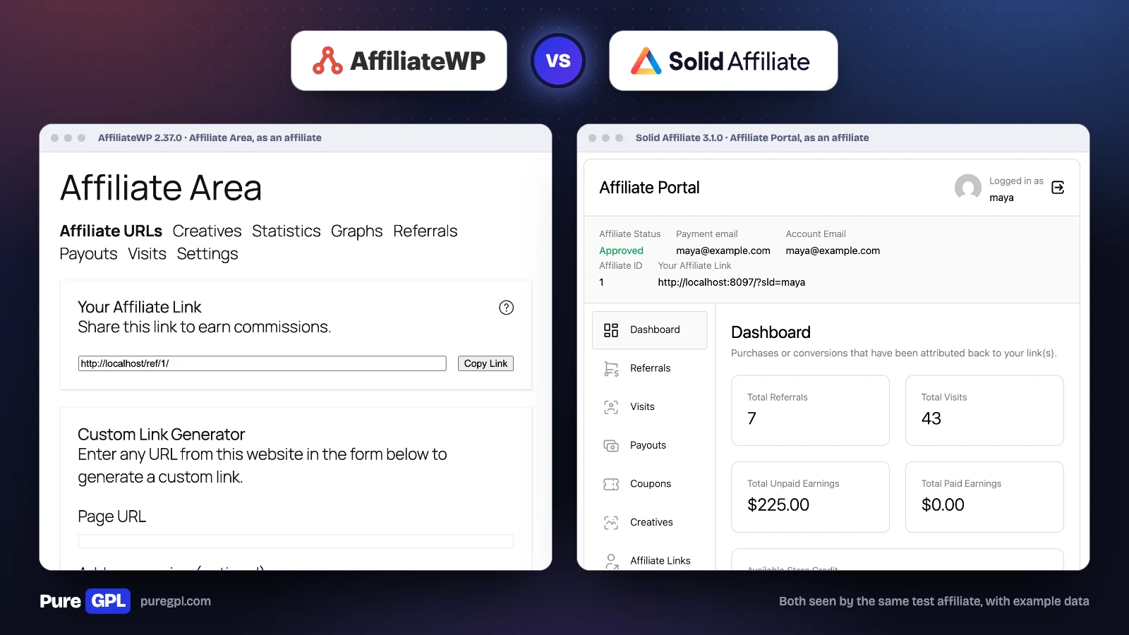 AffiliateWP vs Solid Affiliate: Which Should You Use in 2026? 7 AffiliateWP Affiliate Area next to Solid Affiliate's Affiliate Portal, seen by the same test affiliate