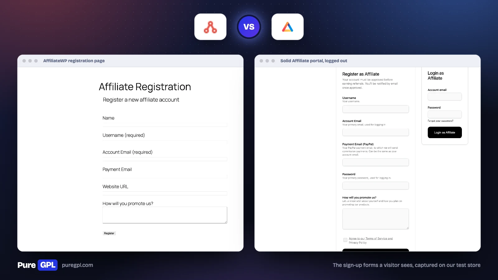 AffiliateWP vs Solid Affiliate: Which Should You Use in 2026? 9 AffiliateWP's Affiliate Registration page next to Solid Affiliate's logged-out portal with its sign-up and login forms