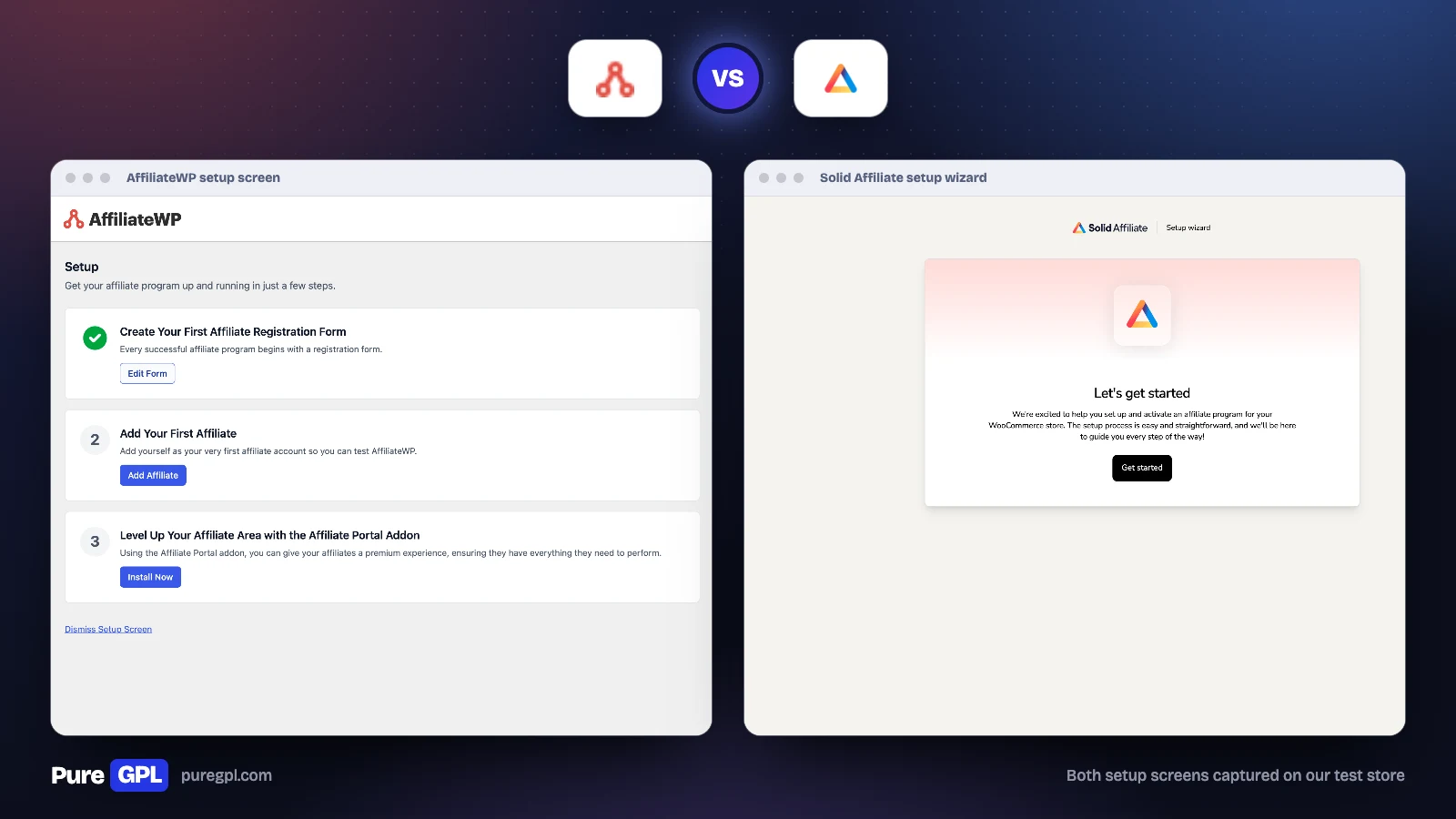 AffiliateWP vs Solid Affiliate: Which Should You Use in 2026? 2 AffiliateWP's Setup checklist next to the first screen of Solid Affiliate's setup wizard