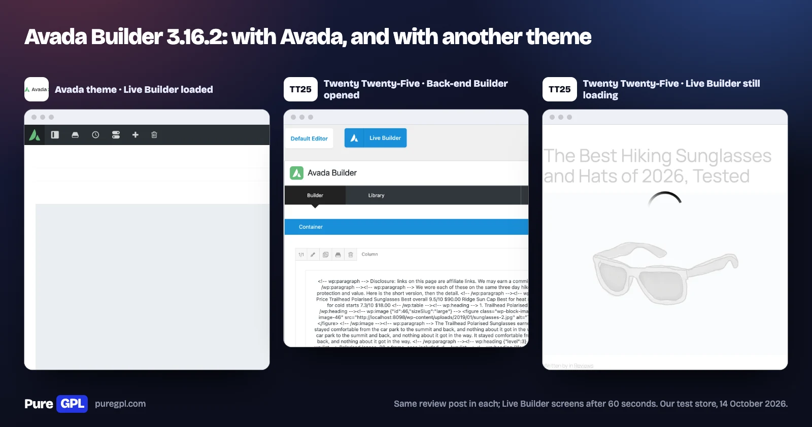 Avada Theme Free Download: What You Get, Tested (2026) 2 Three screens of the same review post: the Avada Live Builder loaded with its toolbar on the Avada theme, the Back-end Builder open with a container and column on Twenty Twenty-Five, and the Live Builder still showing a loading spinner after 60 seconds on Twenty Twenty-Five