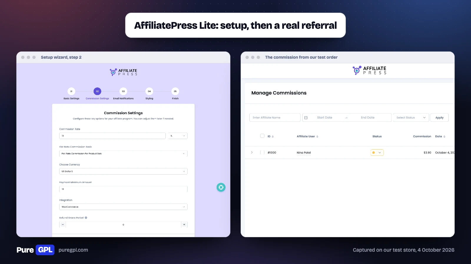 Best WordPress Affiliate Plugins in 2026: Run a Program or Earn From One 9 AffiliatePress Lite's setup wizard at the commission step with WooCommerce chosen, beside its commissions screen showing one pending 3.90 dollar commission for Nina Patel