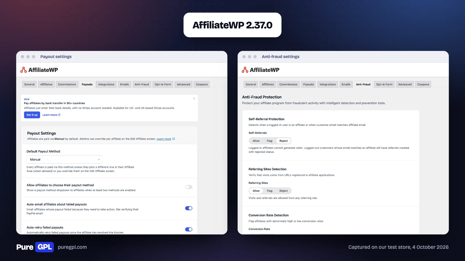 Best WordPress Affiliate Plugins in 2026: Run a Program or Earn From One 3 AffiliateWP payout settings with manual payouts as the default, beside its Anti-Fraud settings for self-referrals and referring sites