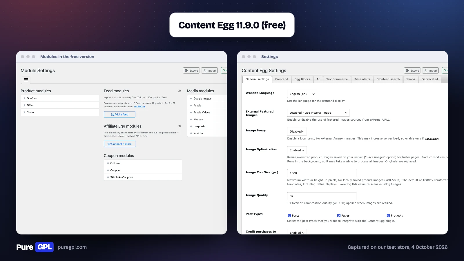 Best WordPress Affiliate Plugins in 2026: Run a Program or Earn From One 17 Content Egg free Module Settings with product, feed, coupon and media modules, beside its general settings