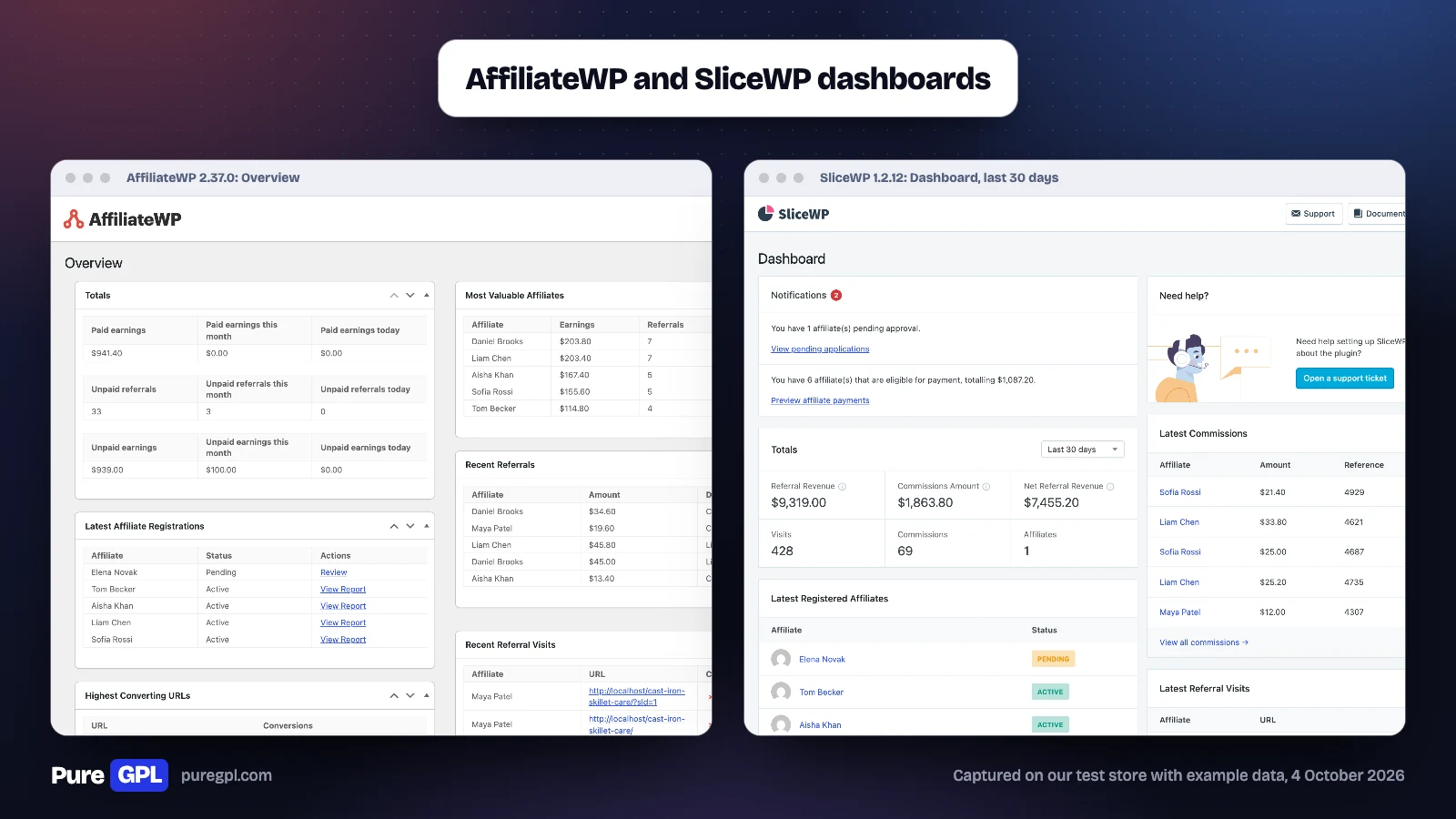 Best WordPress Affiliate Plugins in 2026: Run a Program or Earn From One 2 AffiliateWP's Overview screen and SliceWP's Dashboard side by side, both showing example affiliates, referrals and earnings