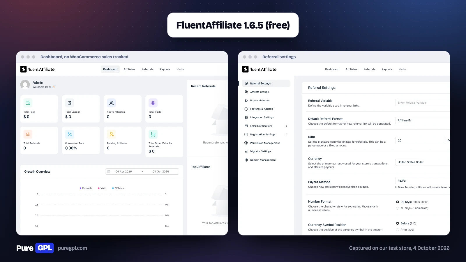 Best WordPress Affiliate Plugins in 2026: Run a Program or Earn From One 11 FluentAffiliate free dashboard with every total at zero, beside its referral settings with a 20 percent default rate and PayPal as the payout method