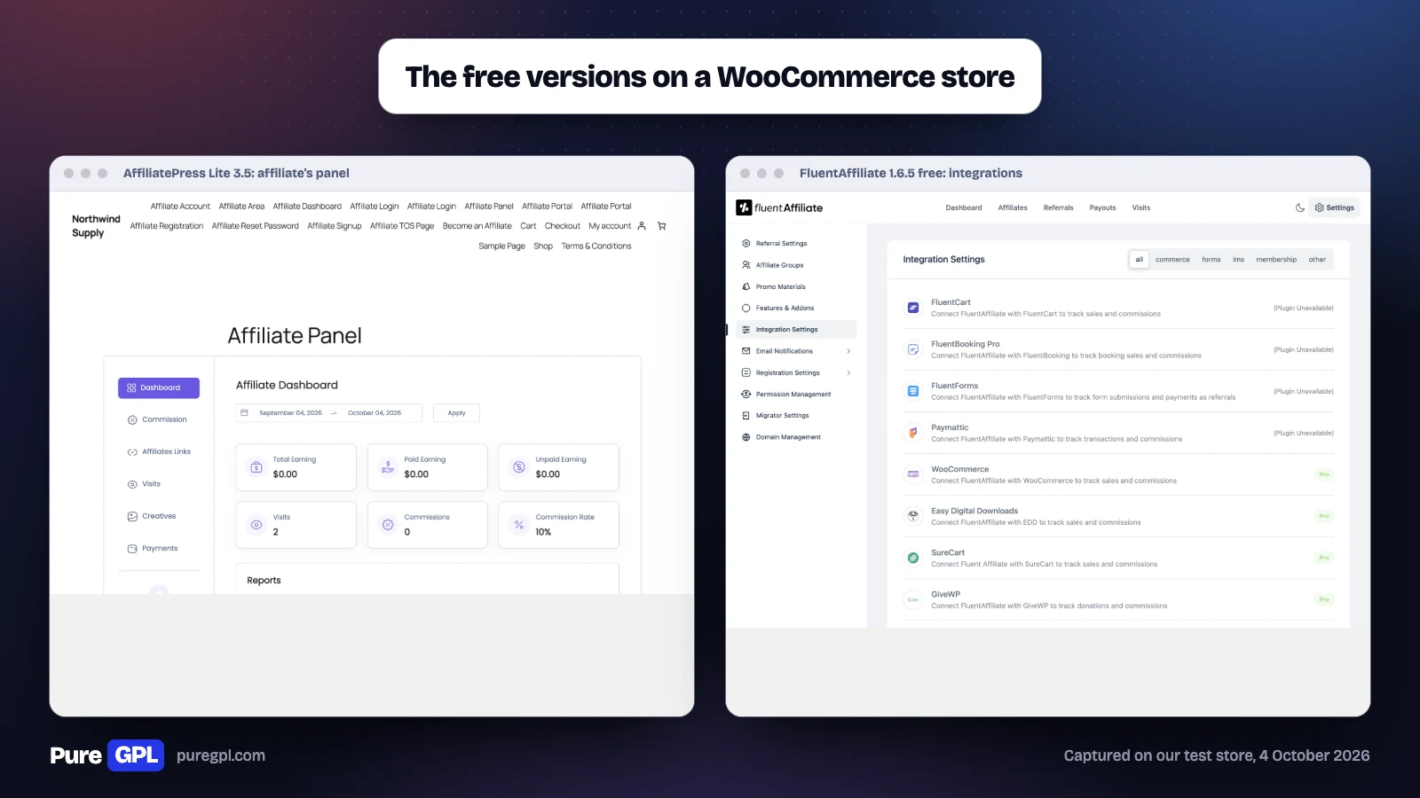 Best WordPress Affiliate Plugins in 2026: Run a Program or Earn From One 10 AffiliatePress Lite affiliate panel showing 2 visits and 0 commissions beside FluentAffiliate's Integration Settings, where WooCommerce is marked Pro