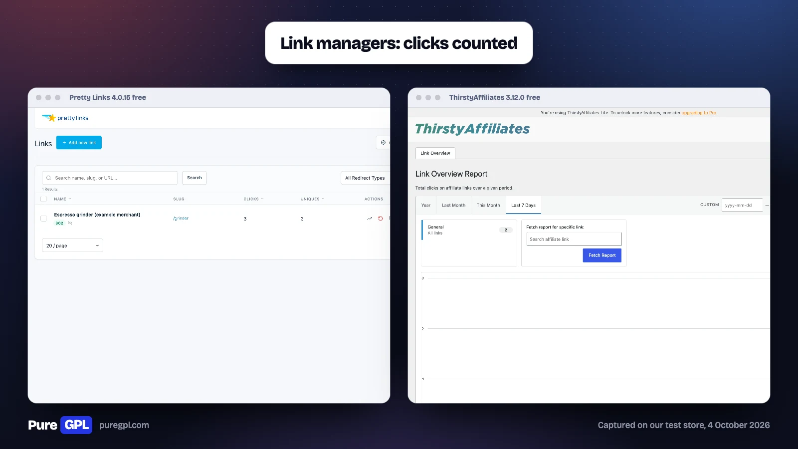 Best WordPress Affiliate Plugins in 2026: Run a Program or Earn From One 13 Pretty Links' links list showing one link with 3 clicks and a 302 redirect, beside ThirstyAffiliates' Link Overview report showing 2 clicks