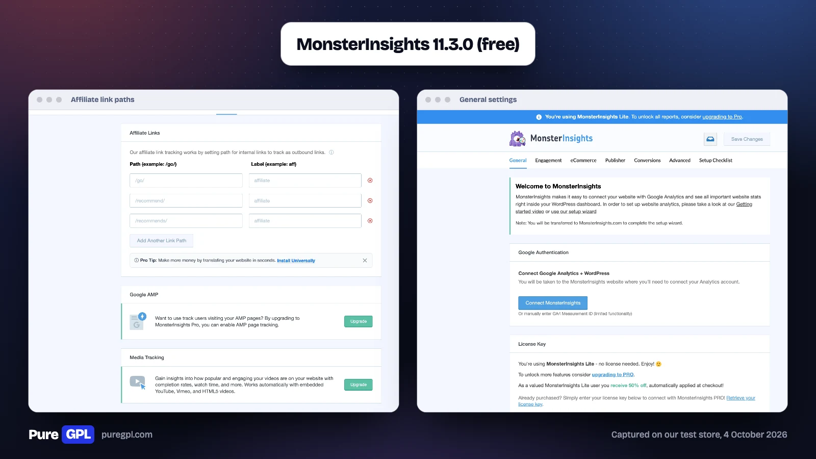 Best WordPress Affiliate Plugins in 2026: Run a Program or Earn From One 18 MonsterInsights Affiliate Links settings listing the paths /go/, /recommend/ and /recommends/, beside its general settings with Google Analytics not yet connected