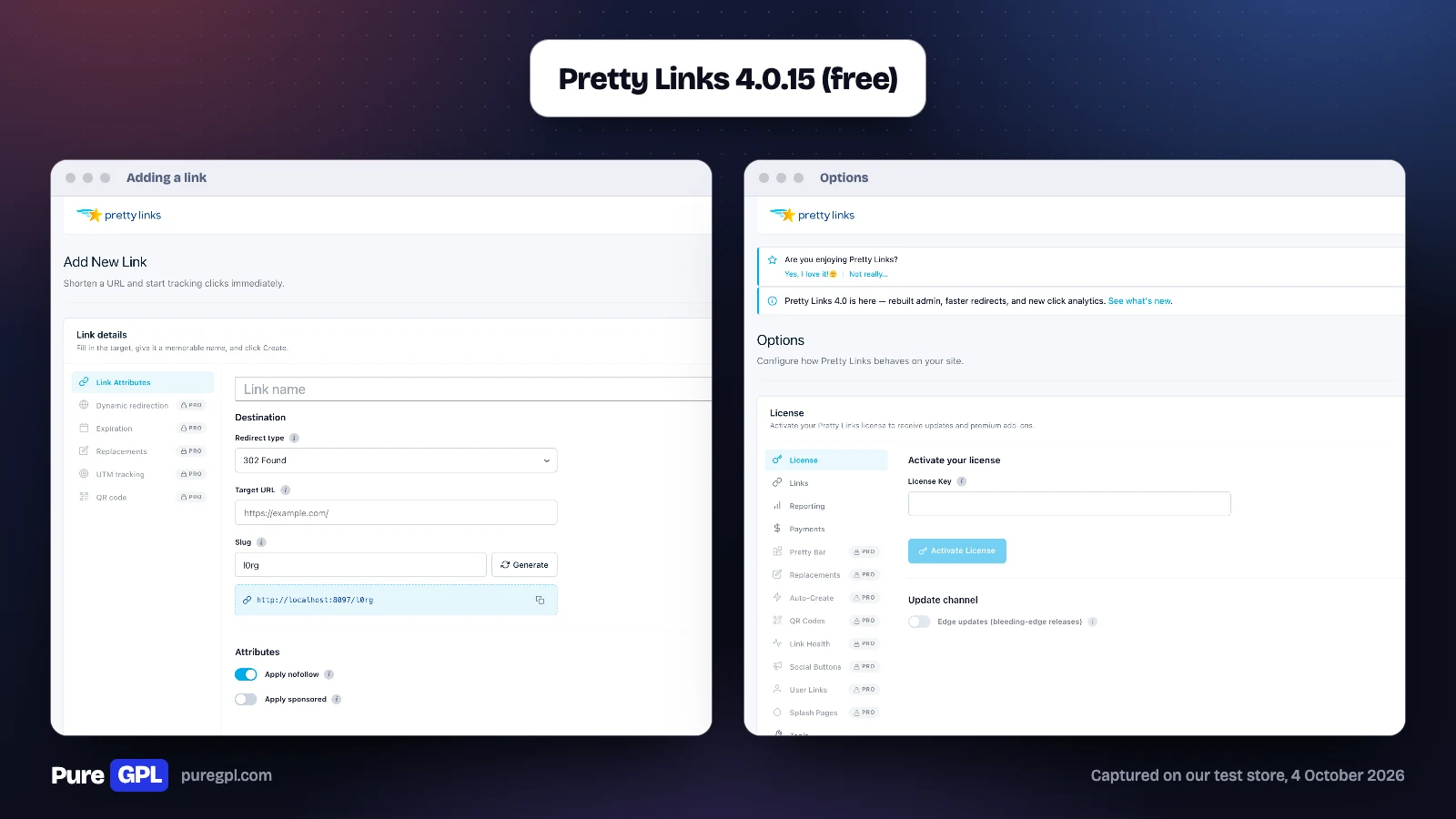 Best WordPress Affiliate Plugins in 2026: Run a Program or Earn From One 14 Pretty Links Add New Link screen with the redirect type and link attributes, beside its Options screen