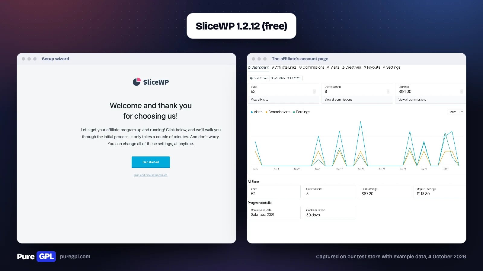 Best WordPress Affiliate Plugins in 2026: Run a Program or Earn From One 5 SliceWP setup wizard welcome screen beside the account page an affiliate sees, with visits, commissions and earnings