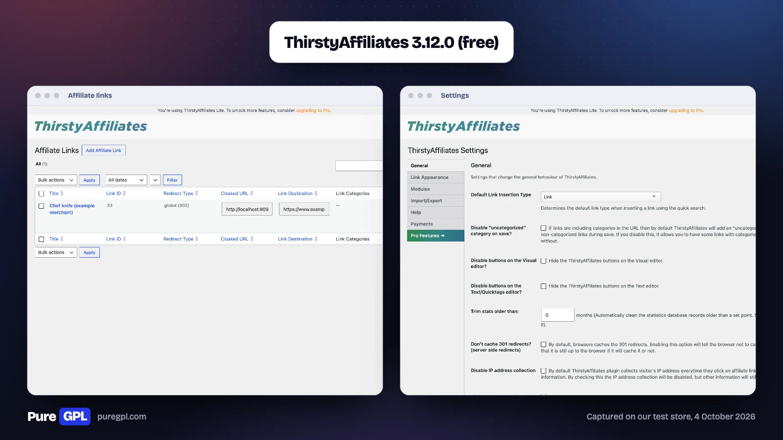 Best WordPress Affiliate Plugins in 2026: Run a Program or Earn From One 15 ThirstyAffiliates affiliate links list with our test link and its 302 redirect, beside its general settings