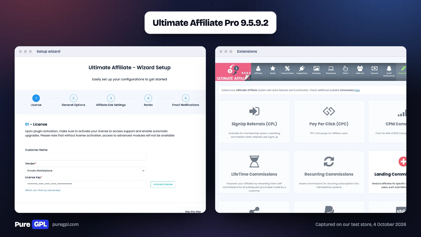 Best WordPress Affiliate Plugins in 2026: Run a Program or Earn From One 8 Ultimate Affiliate Pro setup wizard at the licence step, beside its Extensions screen with sign-up referrals, pay per click, lifetime and recurring commissions