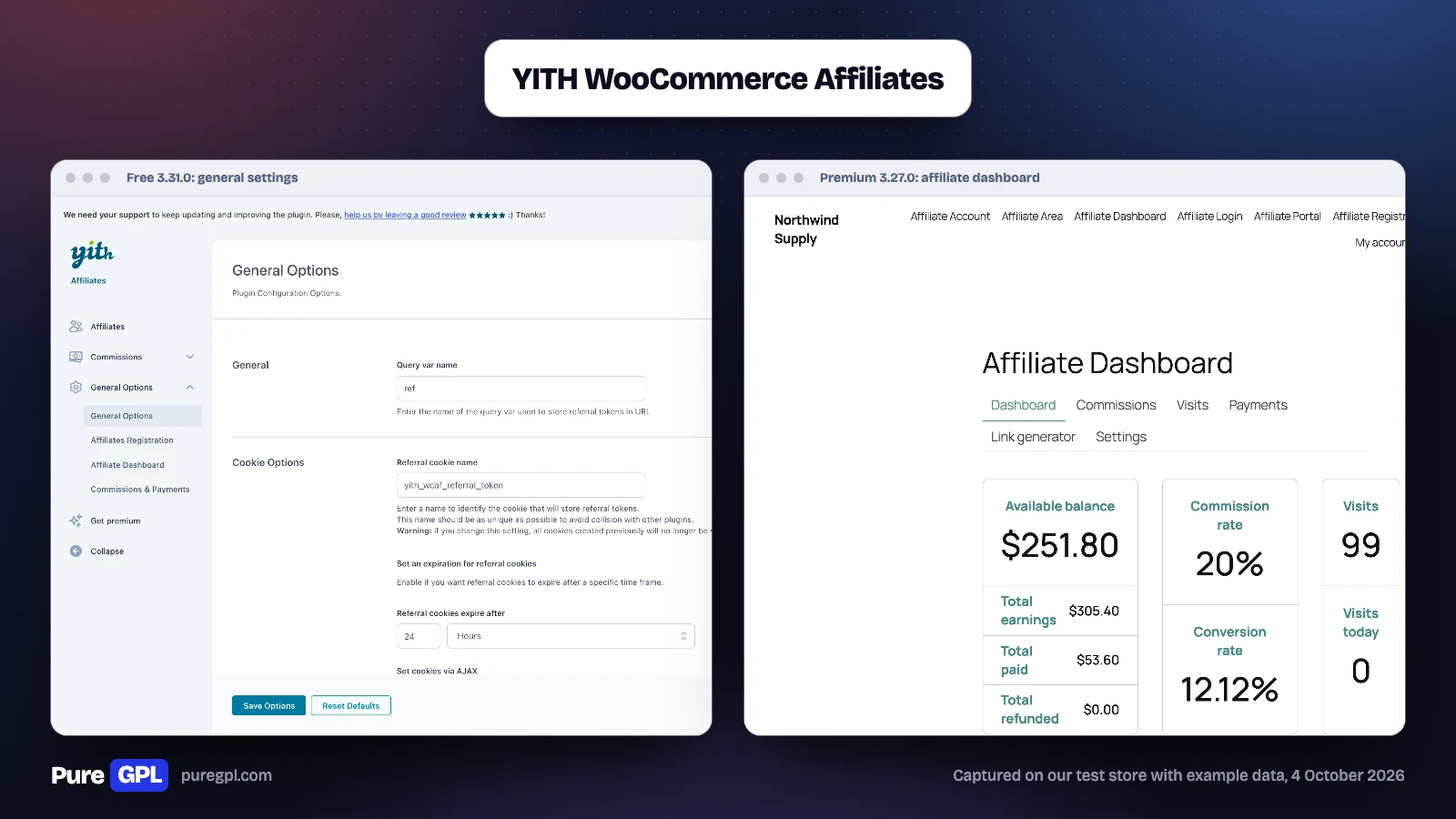 Best WordPress Affiliate Plugins in 2026: Run a Program or Earn From One 6 YITH WooCommerce Affiliates free general settings with the referral cookie options, beside the Premium affiliate dashboard in My Account