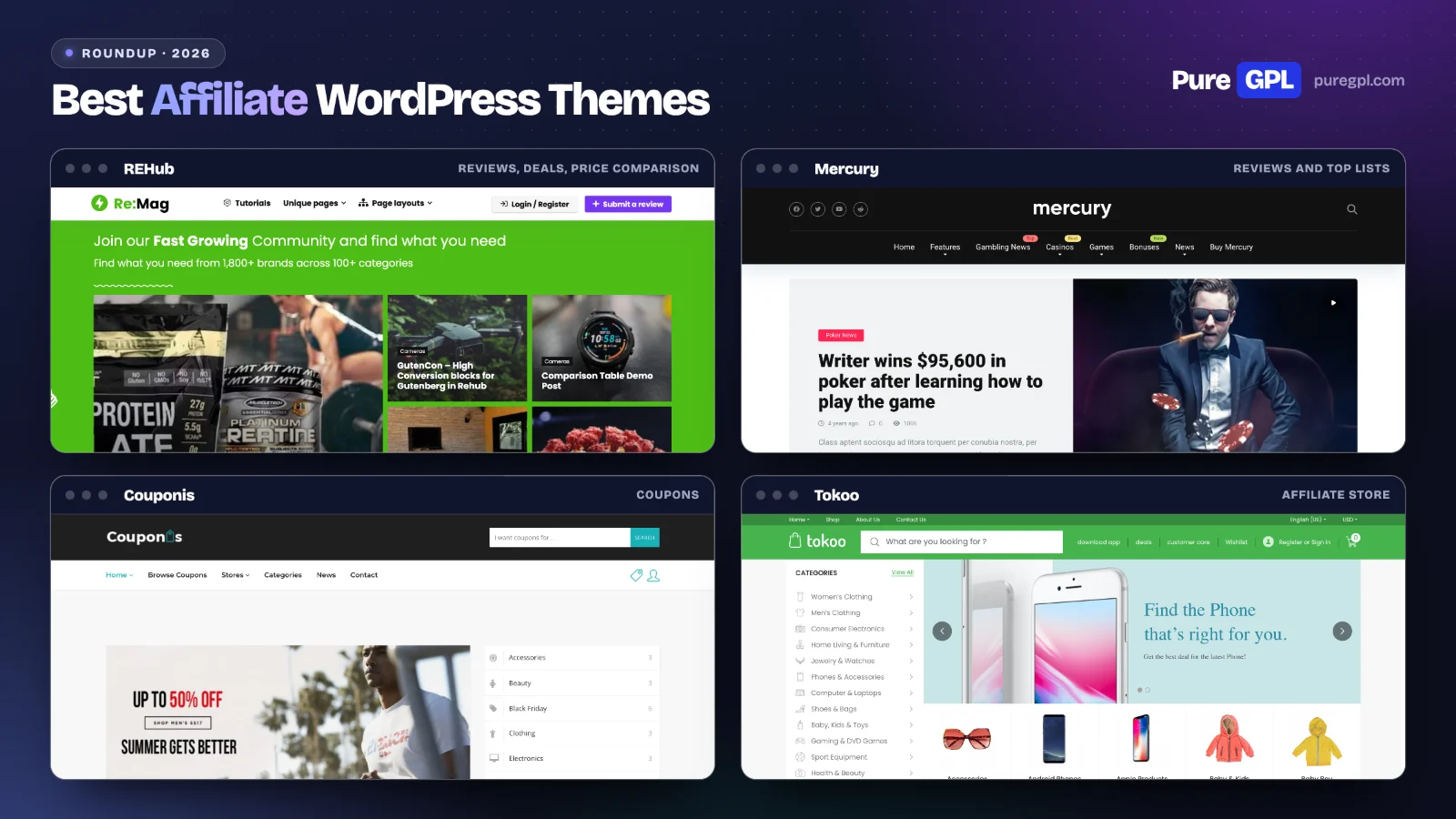 Demo homepages of four affiliate WordPress themes: REHub, Mercury, Couponis and Tokoo