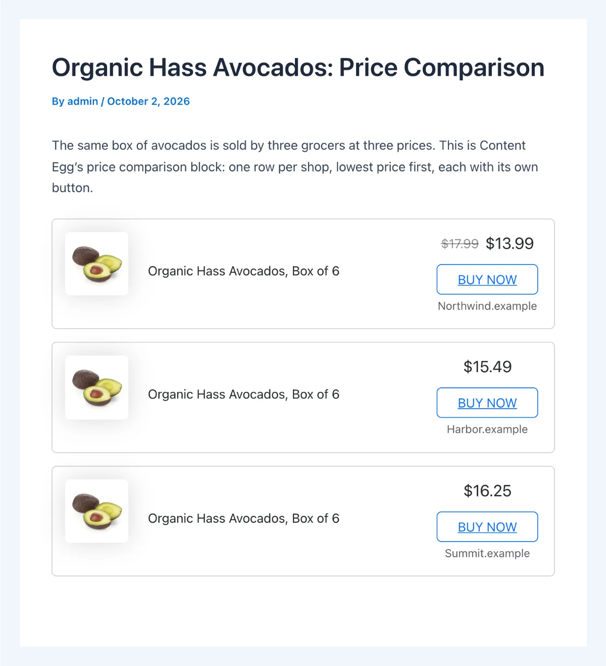Content Egg Review 2026: Price Comparison for Affiliate Sites 1 Content Egg price comparison block listing one product from three shops, lowest price first