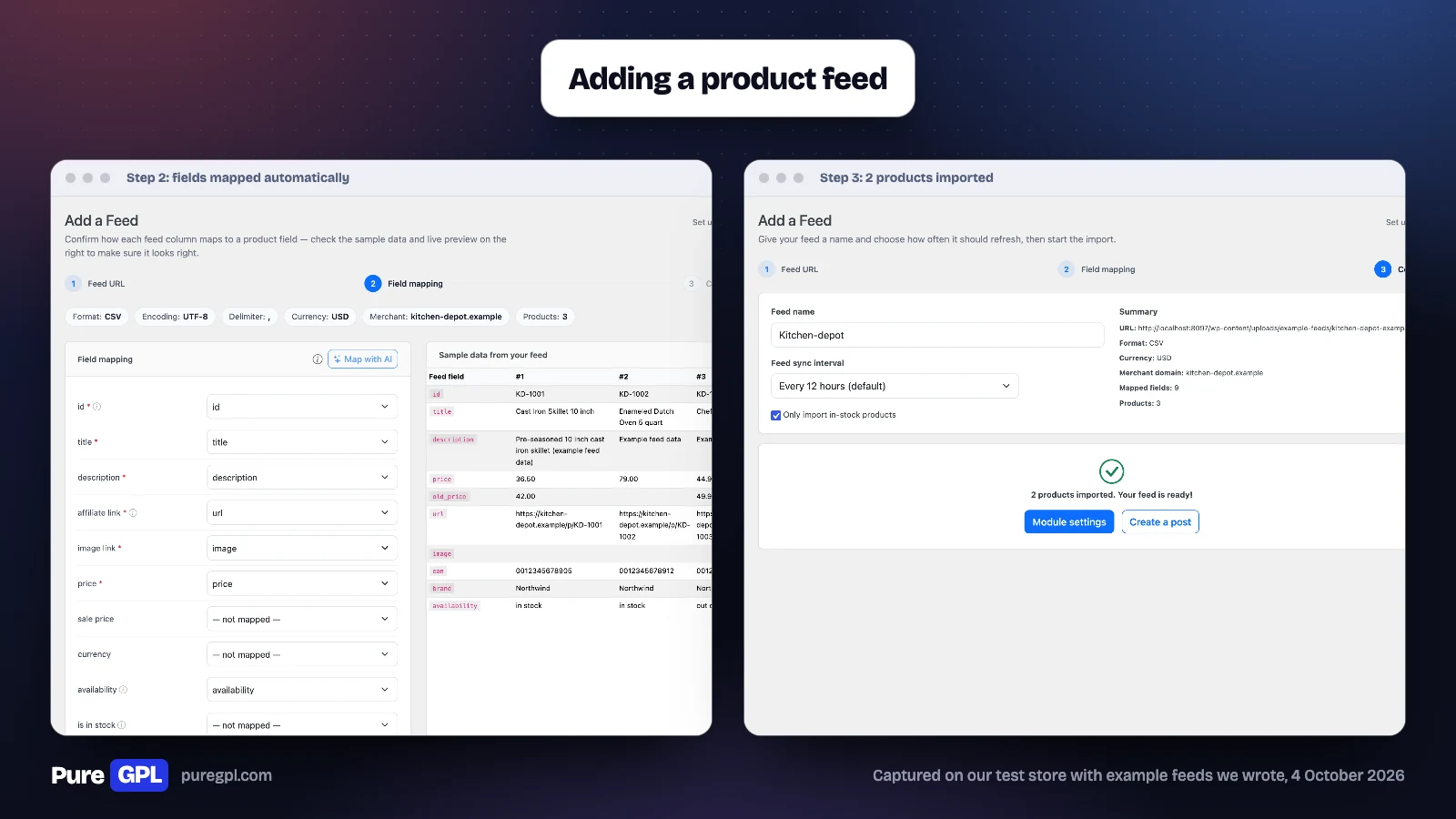 Content Egg Add a Feed wizard at the field mapping step with the feed's sample data, beside the final step reporting 2 products imported