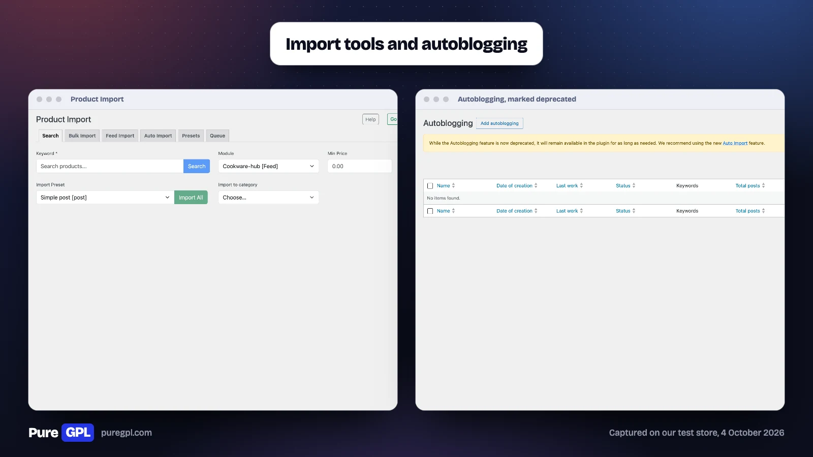 Content Egg Product Import screen with search, bulk, feed and auto import tabs, beside the Autoblogging screen showing its deprecation notice