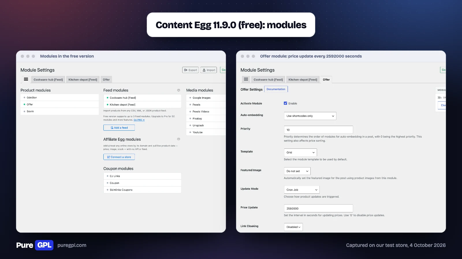 Content Egg free Module Settings listing product, feed, coupon and media modules, beside the Offer module settings with a price update interval of 2592000 seconds