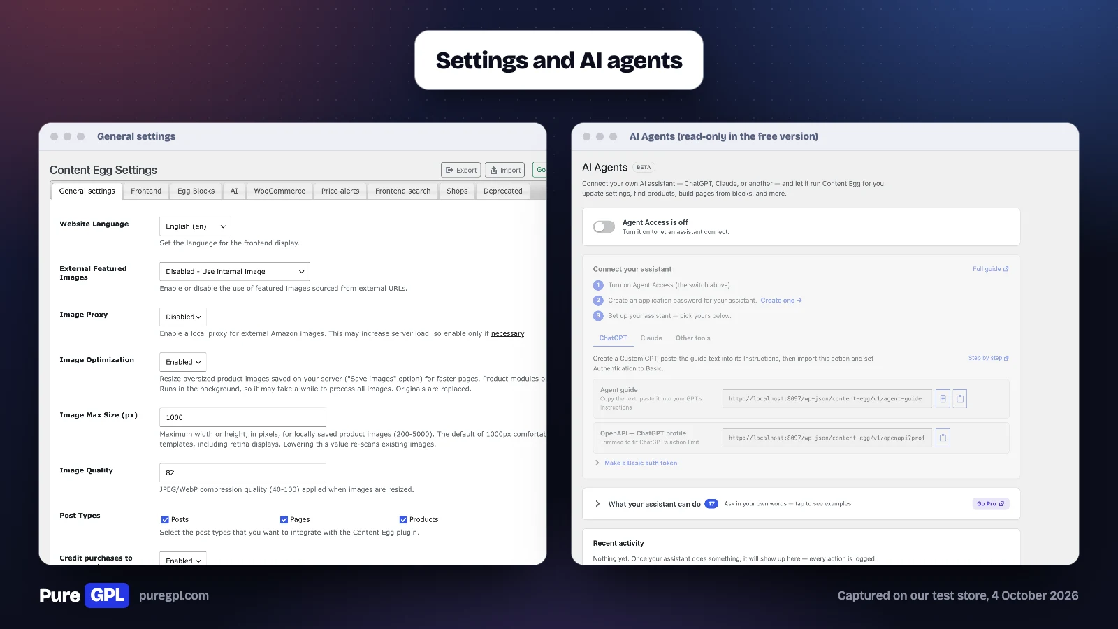 Content Egg general settings with image and post type options, beside the AI Agents screen with agent access switched off