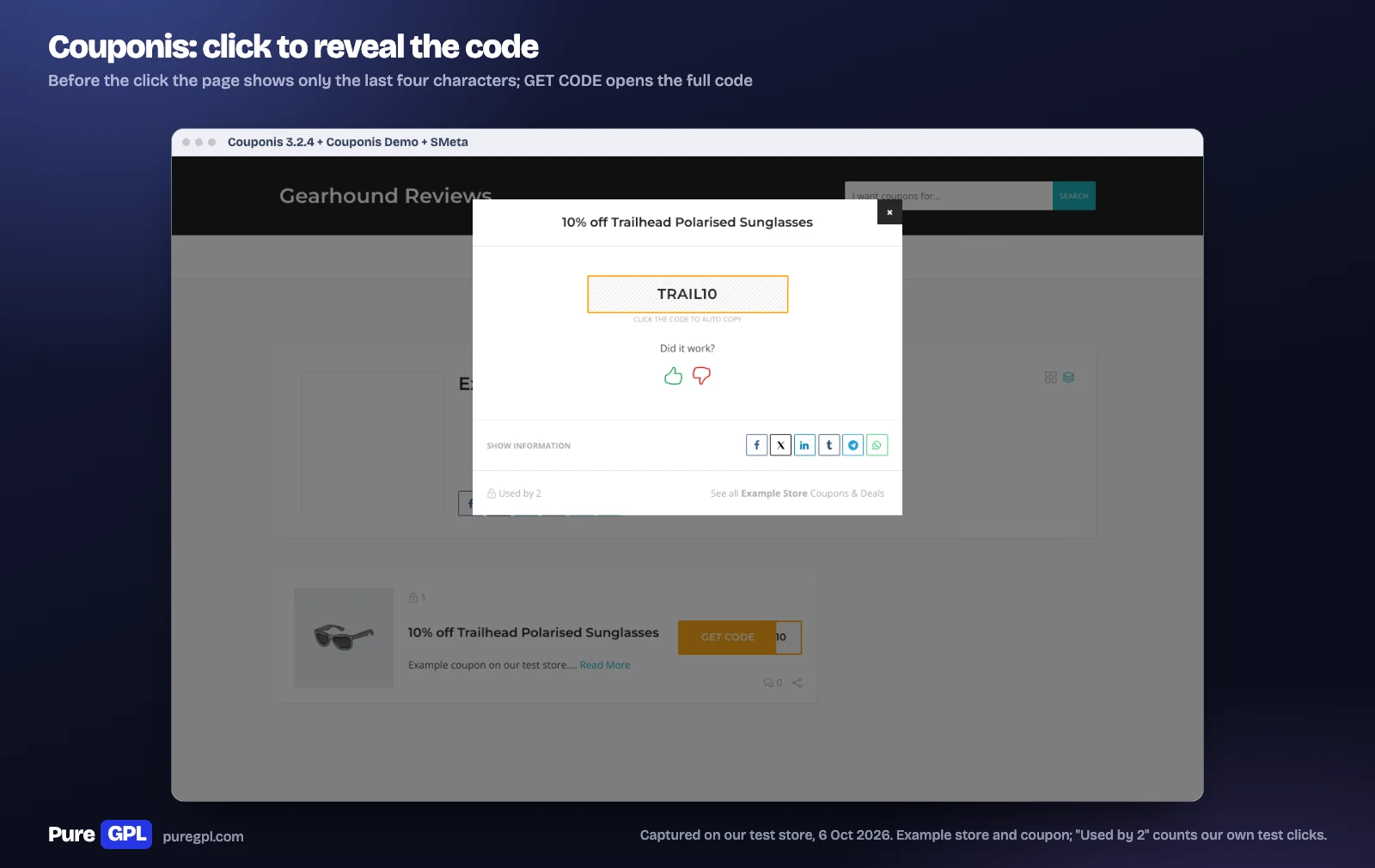 Couponis store page with a GET CODE button for a 10 percent off coupon, and the window that opened after clicking it, showing the code TRAIL10, a Did it work vote and share buttons