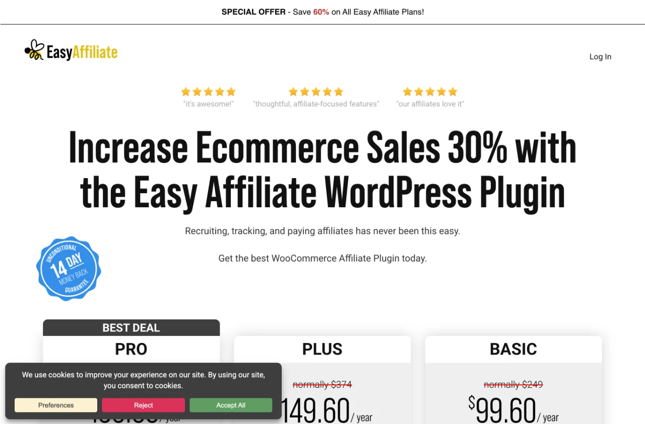 Easy Affiliate pricing page showing the Pro, Plus and Basic plans with first-year prices
