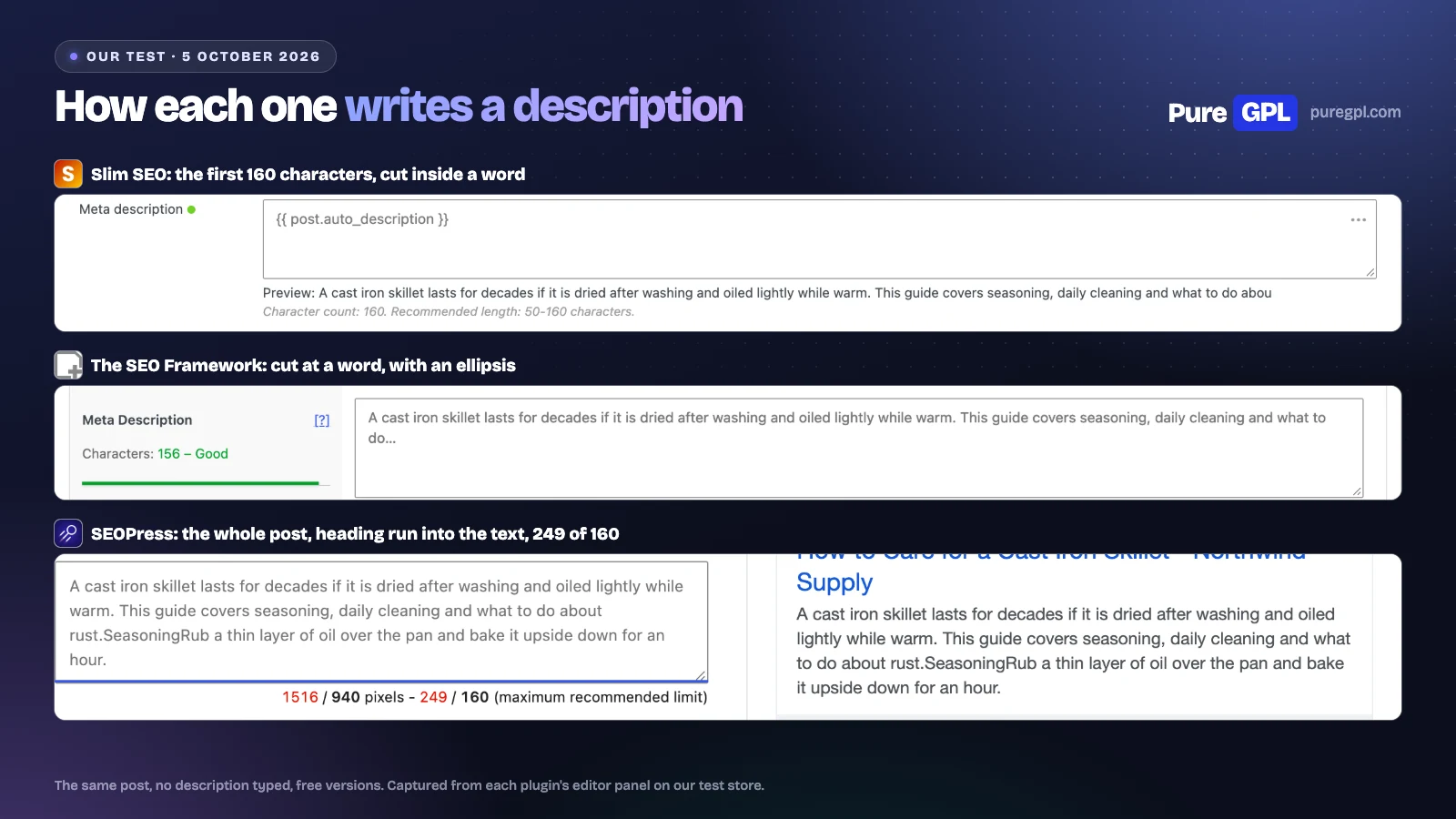 Slim SEO, The SEO Framework and SEOPress editor panels showing the meta description each wrote automatically for the same post