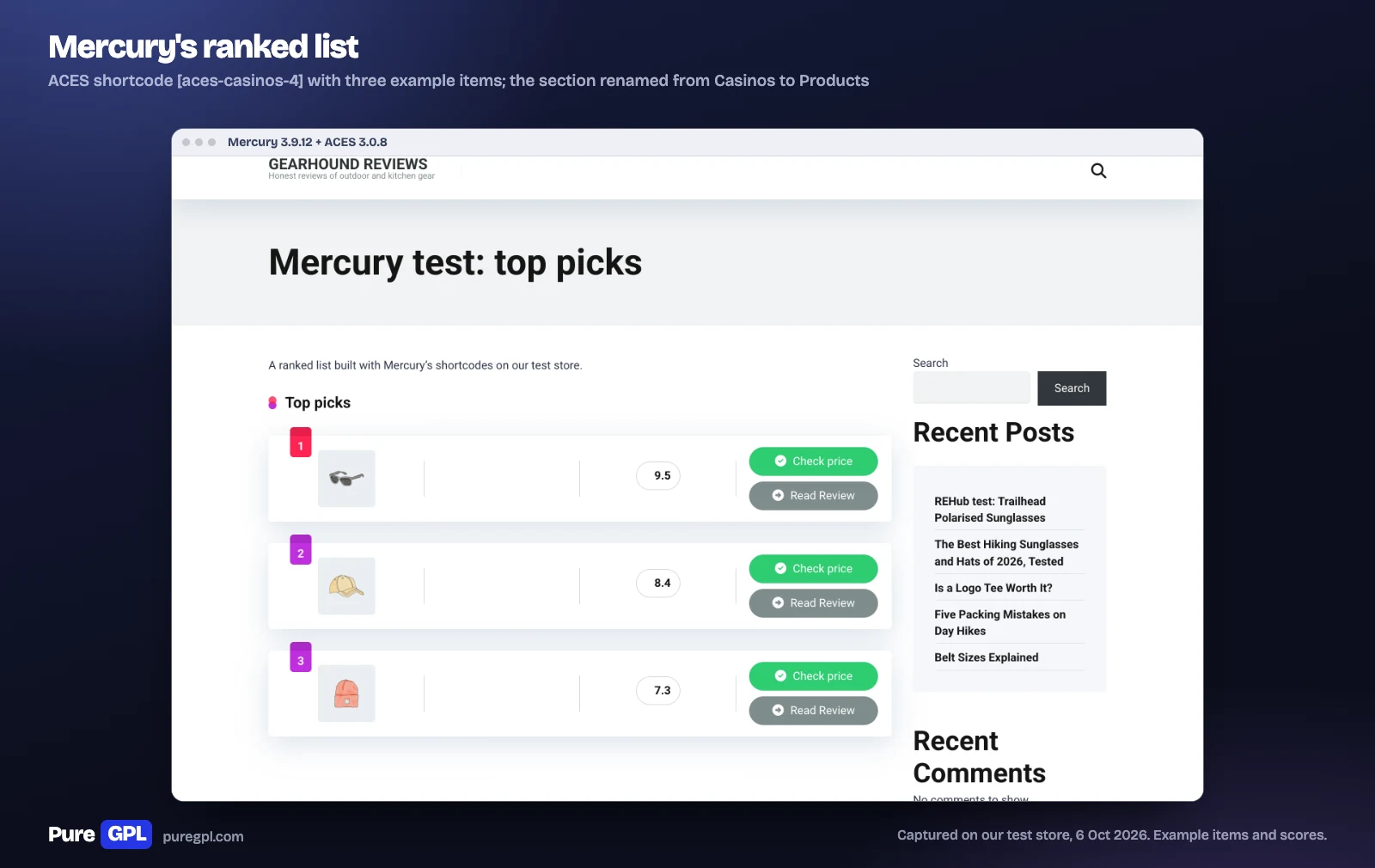 Mercury ranked list with three numbered example products, each with a score of 9.5, 8.4 or 7.3, a green Check price button and a Read Review button