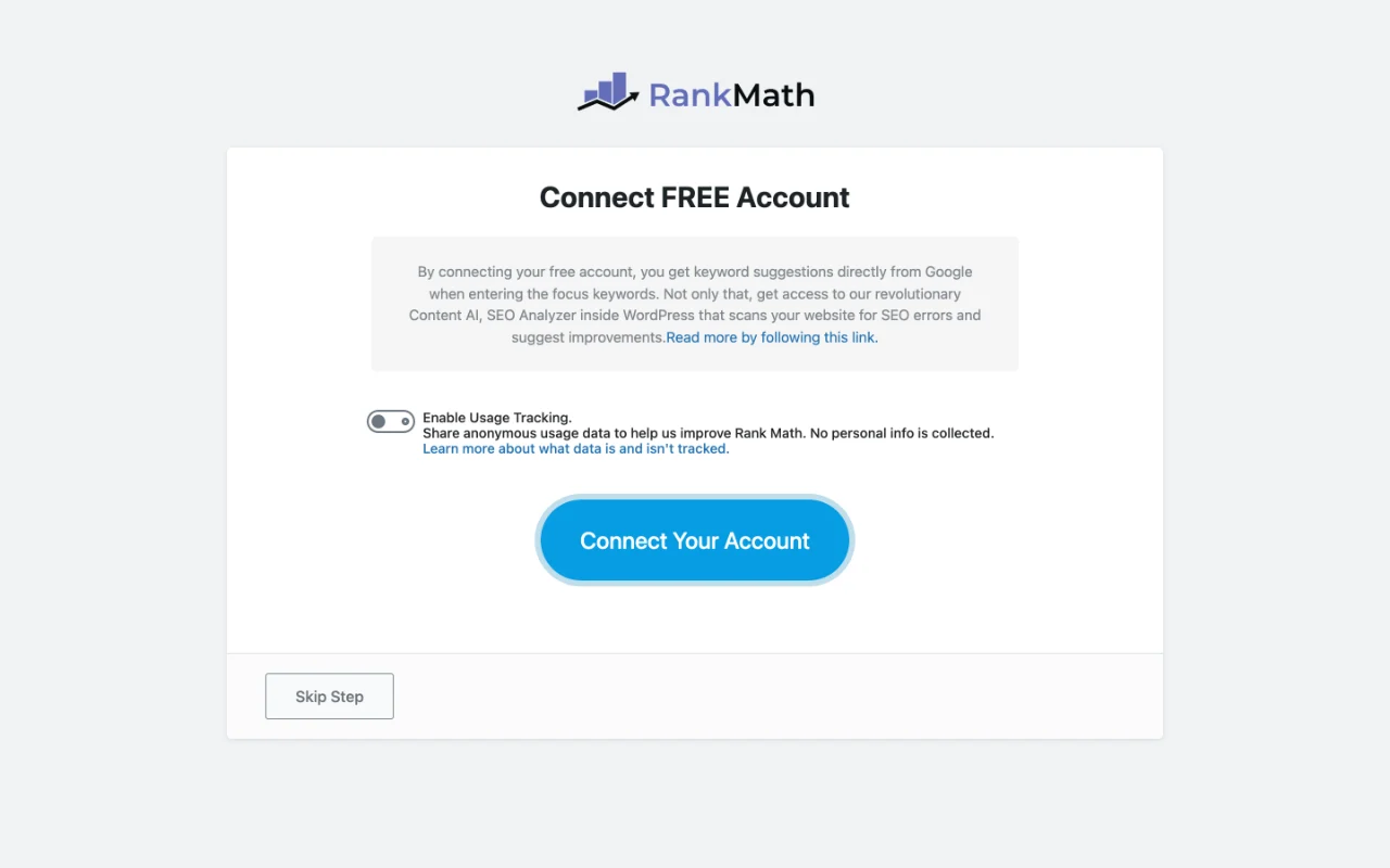 Best Free SEO Plugins for WordPress in 2026, Tested 2 Rank Math Connect FREE Account screen shown after activation, with a Skip Step button