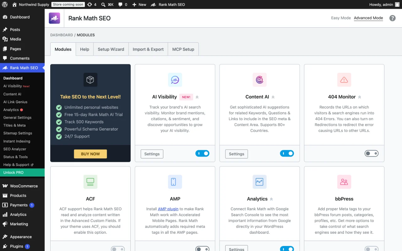 Best SEO Plugin for WooCommerce in 2026: 5 Tested on a Store 2 Rank Math dashboard in the WordPress admin, showing its modules as cards with on and off switches