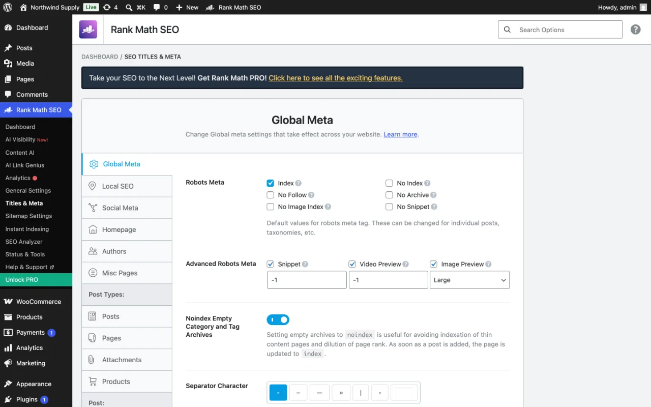 Rank Math SEO Titles and Meta settings, with robots options and a separator picker