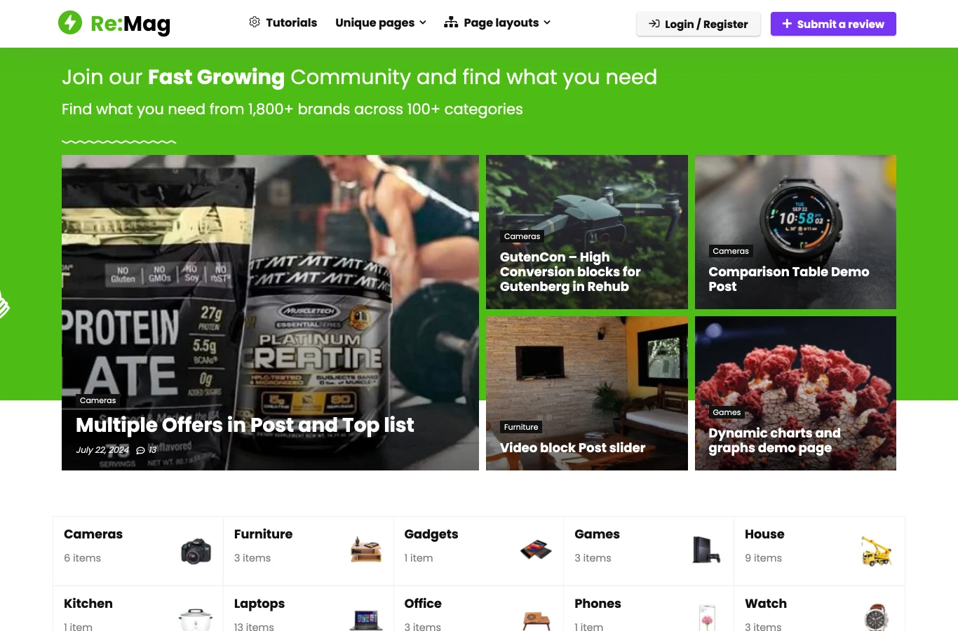 Homepage of the REHub Re:Mag demo, with a featured grid and category tiles