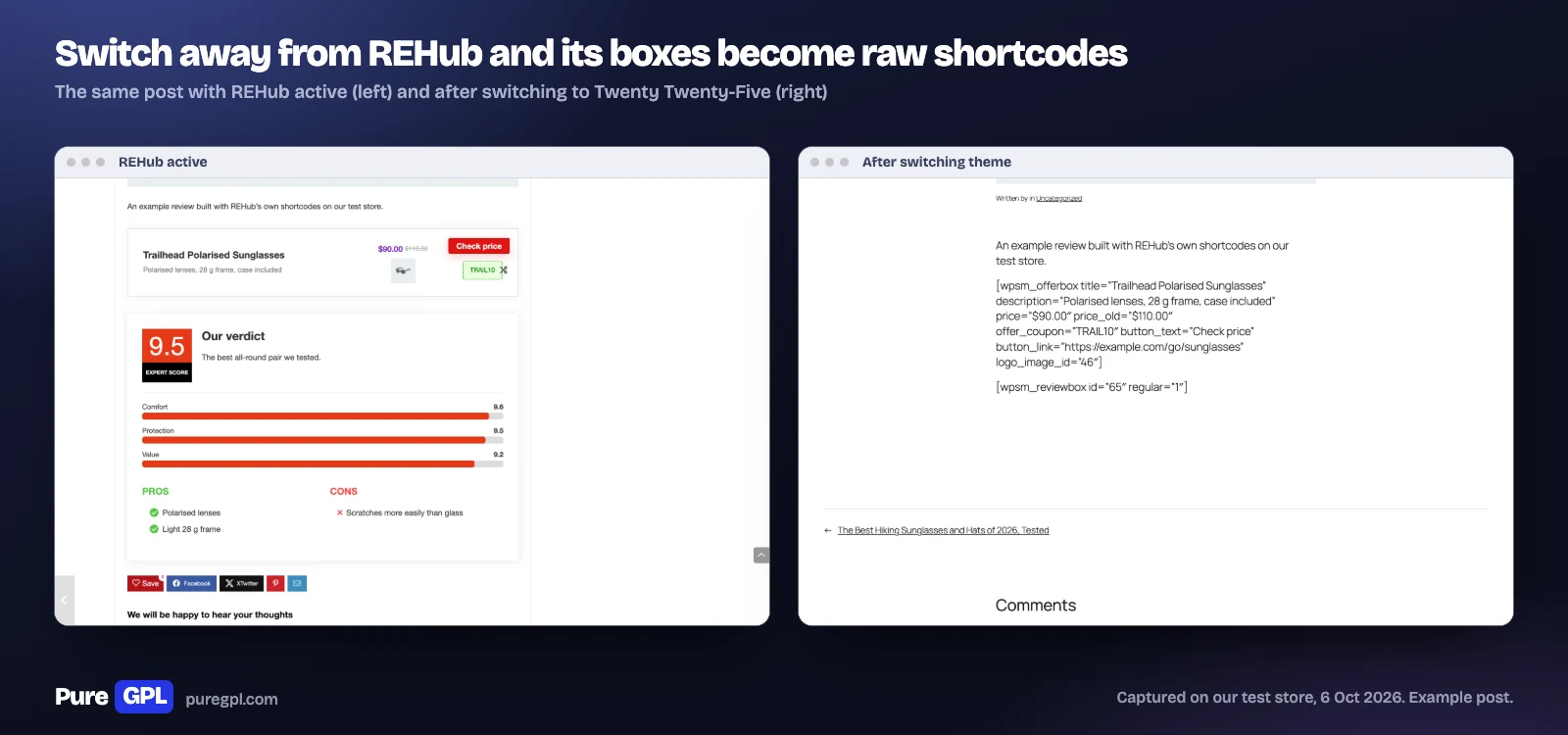 The same post with REHub active, showing the offer and review boxes, and after switching to Twenty Twenty-Five, where the boxes appear as raw wpsm_offerbox and wpsm_reviewbox shortcode text
