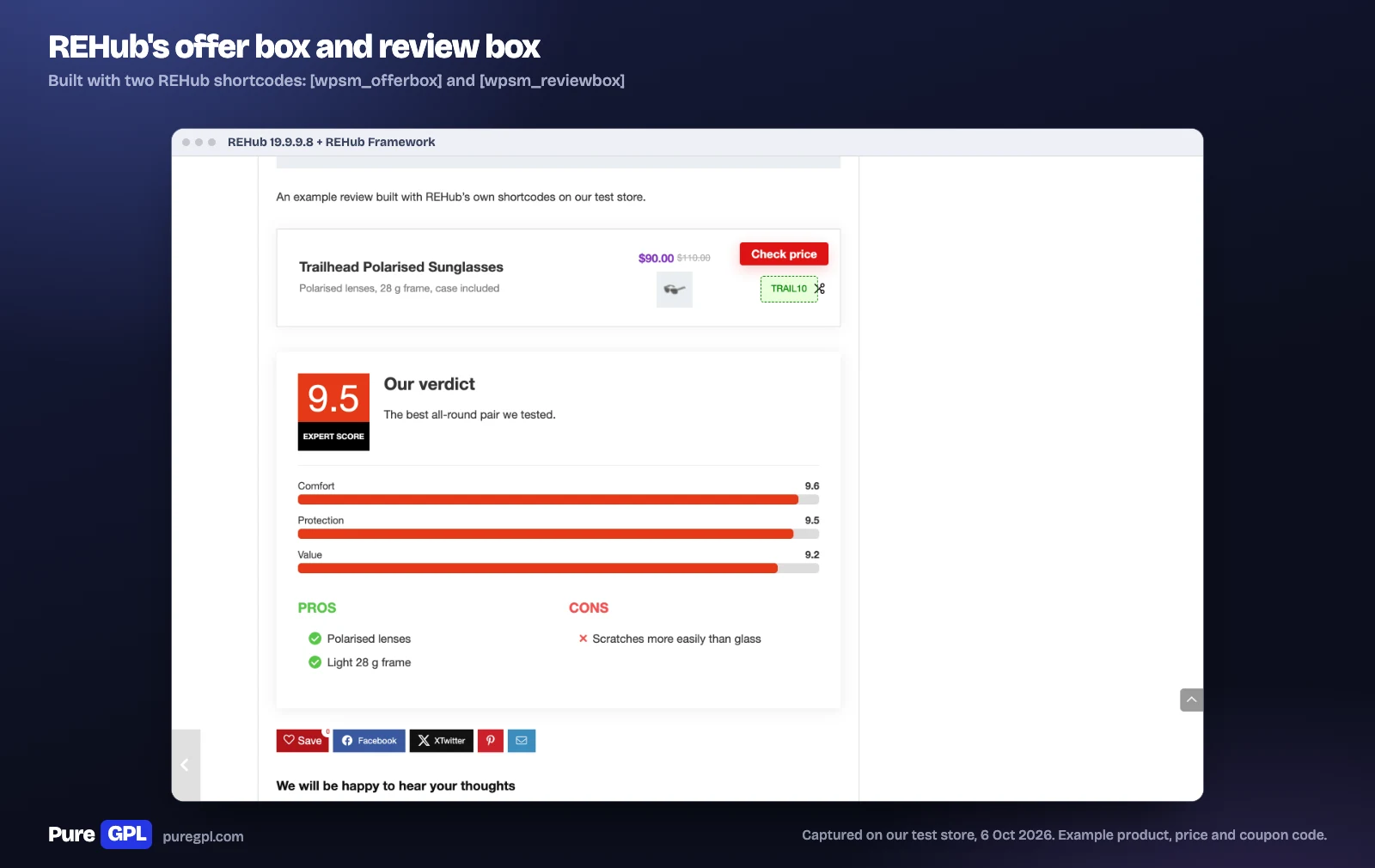REHub offer box for example sunglasses with a 90 dollar price, a Check price button and the coupon code TRAIL10, above a review box with a 9.5 expert score, criteria bars and pros and cons