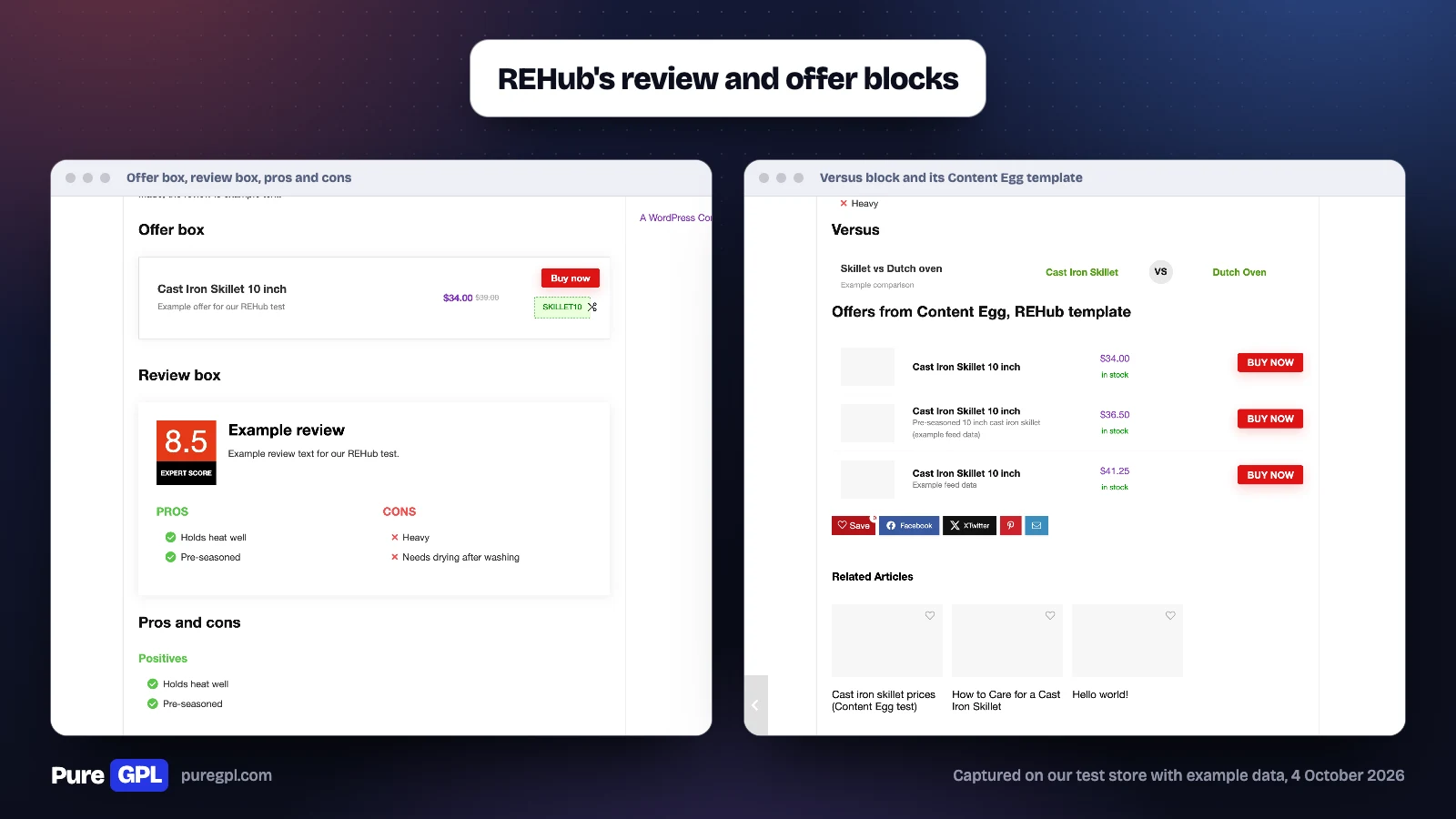 REHub Theme Review 2026: Is It Still the Best Affiliate Theme? 1 REHub offer box with a 34 dollar price and coupon, a review box with an 8.5 expert score and pros and cons, beside its versus box and its Content Egg offers list