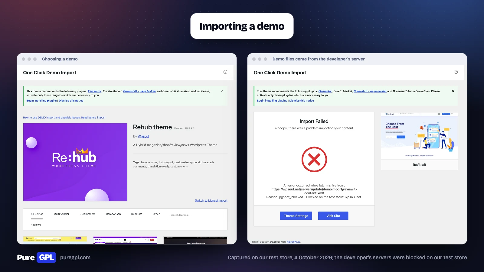 REHub Theme Review 2026: Is It Still the Best Affiliate Theme? 2 REHub's demo importer listing its demos, beside the Import Failed message naming the wpsoul.net address the demo content comes from
