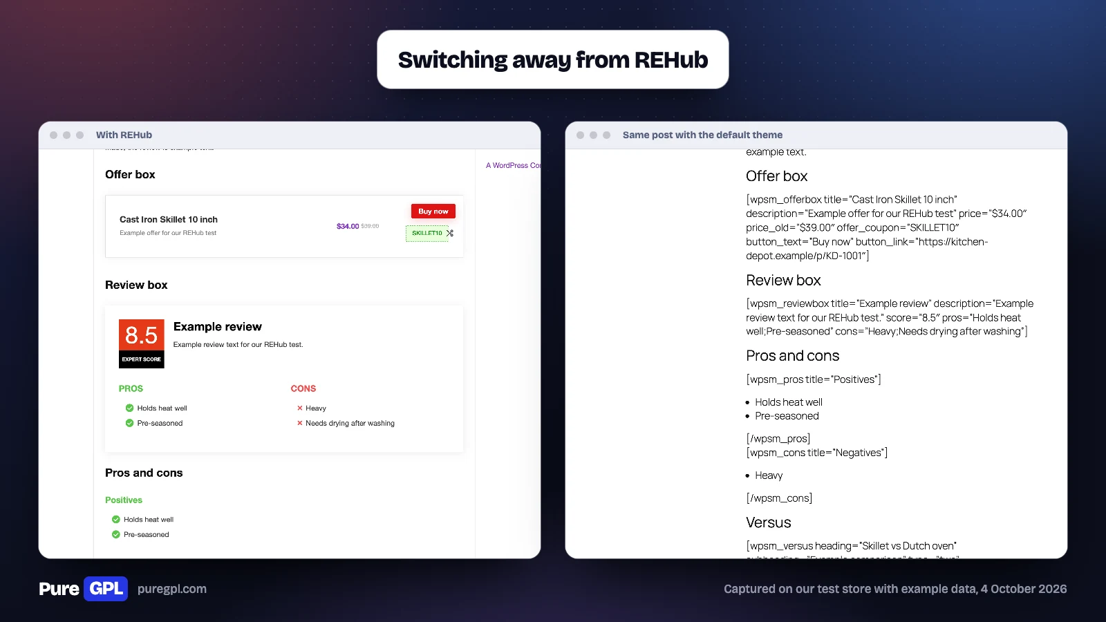 REHub Theme Review 2026: Is It Still the Best Affiliate Theme? 8 REHub offer and review boxes on our test post, beside the same post on the default theme showing the raw wpsm_offerbox and wpsm_reviewbox shortcode text