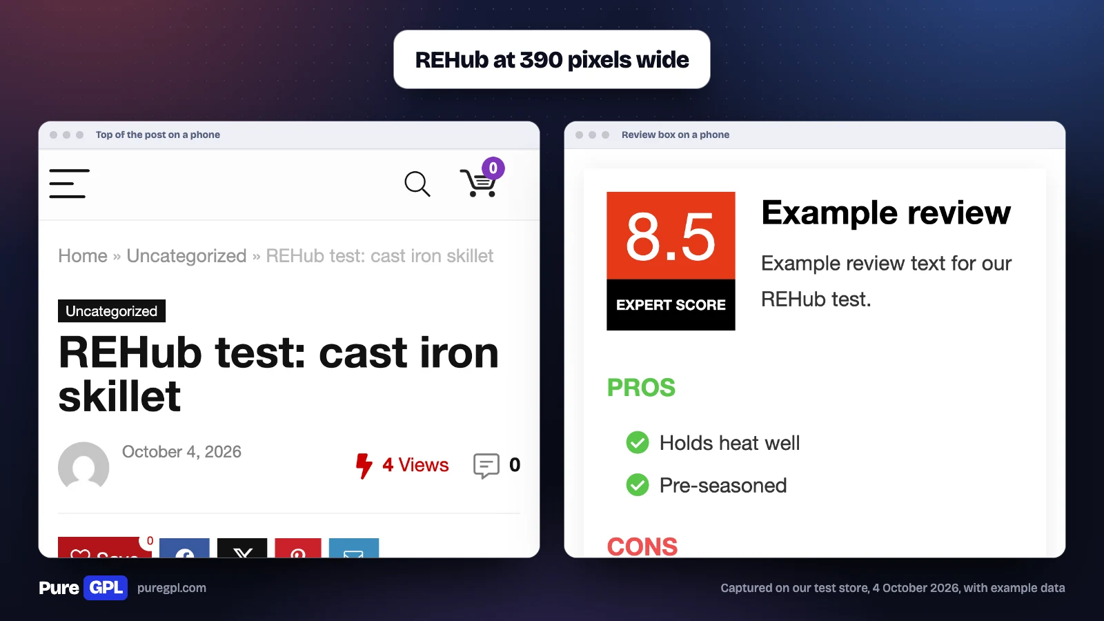 REHub Theme Review 2026: Is It Still the Best Affiliate Theme? 7 REHub on a phone, with a menu button, search and cart icons, breadcrumbs, the post title and a 4 Views counter, beside the review box with an 8.5 expert score and pros