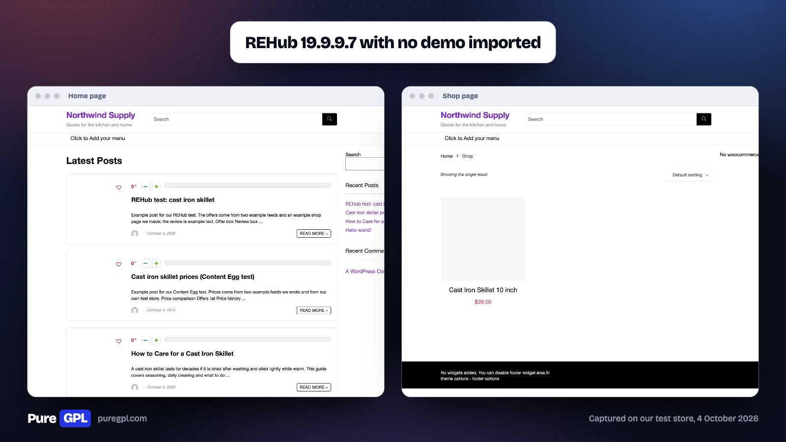 REHub Theme Review 2026: Is It Still the Best Affiliate Theme? 3 REHub home page showing a Latest Posts list with a sidebar, beside the shop page with one product, both without a demo imported