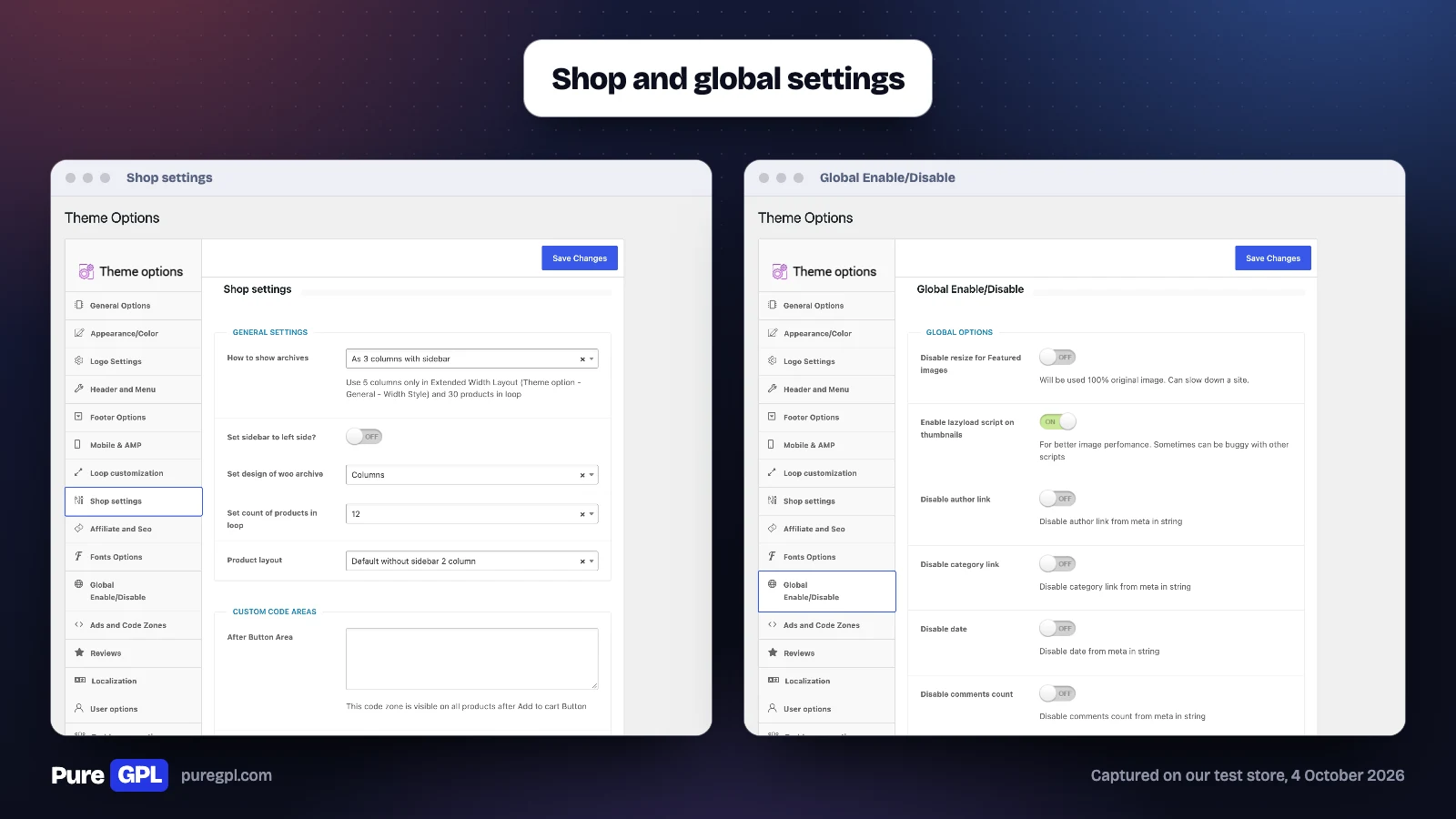 REHub Theme Review 2026: Is It Still the Best Affiliate Theme? 5 REHub Shop settings with archive layout and grid design options, beside the Global Enable/Disable settings with lazyload and meta switches