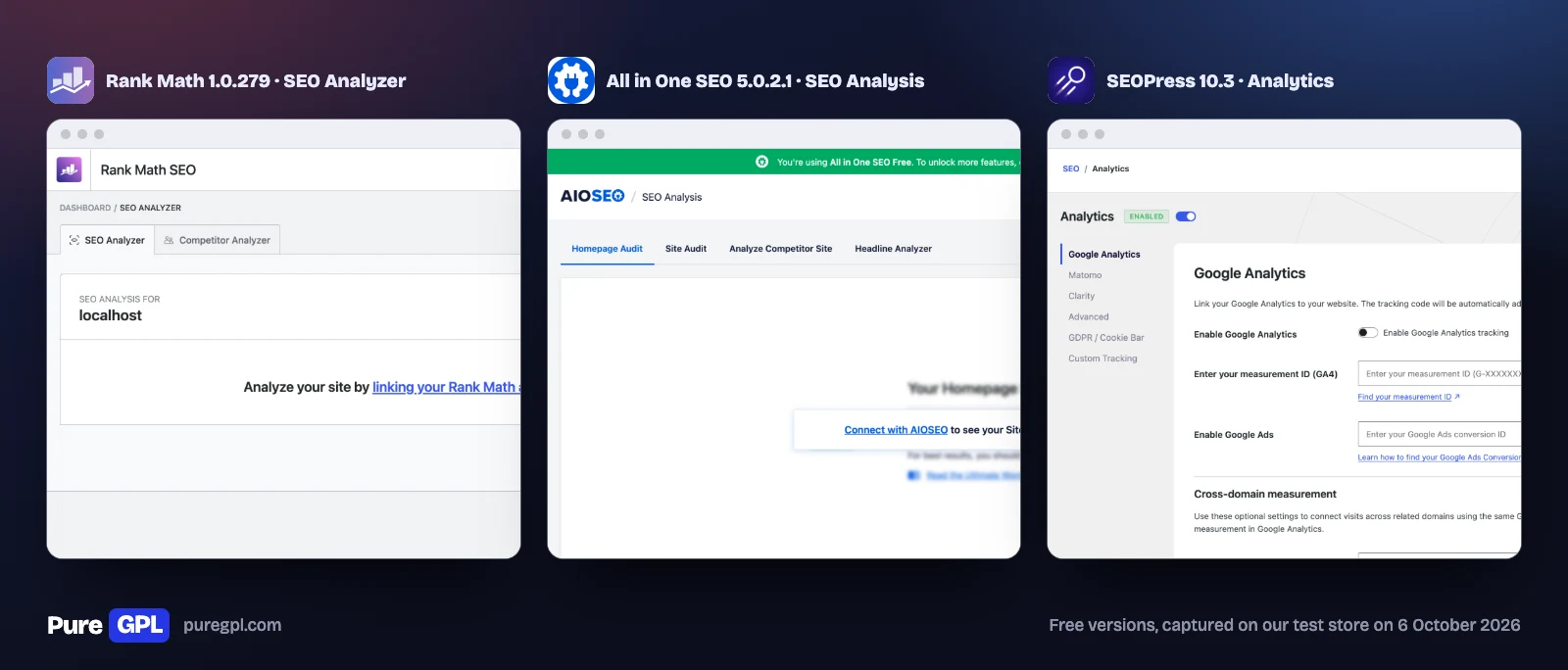 Rank Math's SEO Analyzer asking to link a Rank Math account, All in One SEO's SEO Analysis asking to connect with AIOSEO, and SEOPress's analytics settings