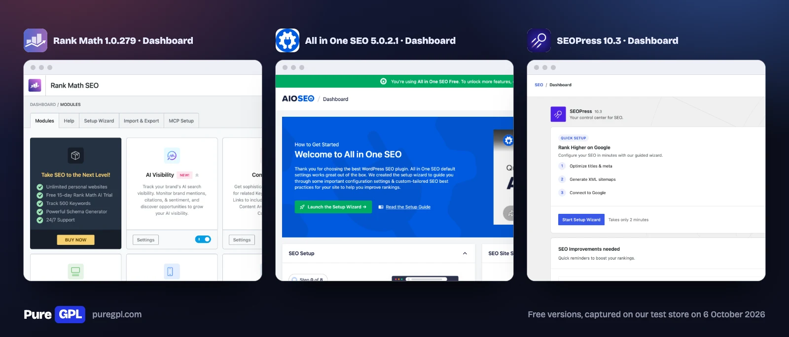 The dashboards of Rank Math, All in One SEO and SEOPress after activation