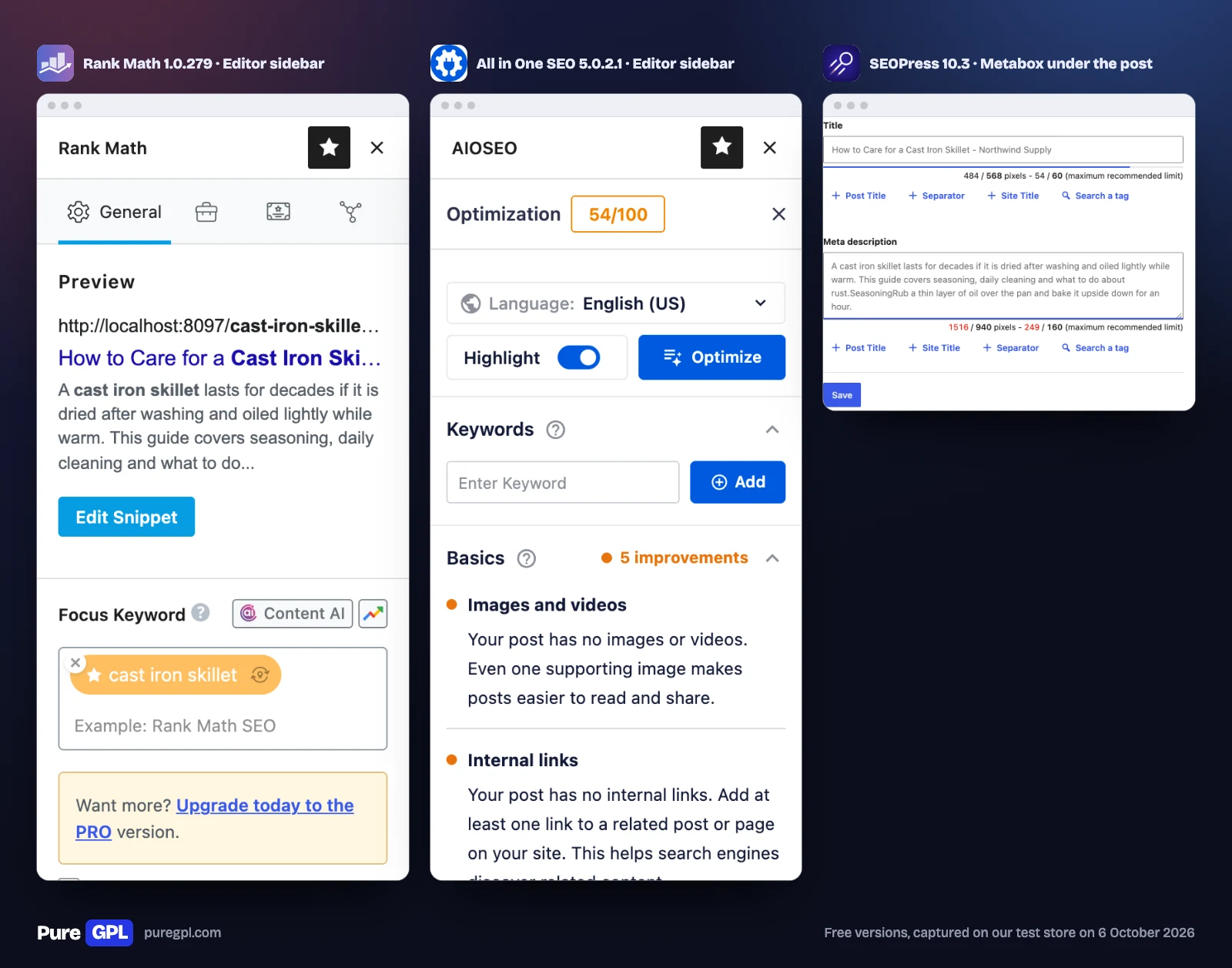 The editor panels of Rank Math, All in One SEO and SEOPress on the same post