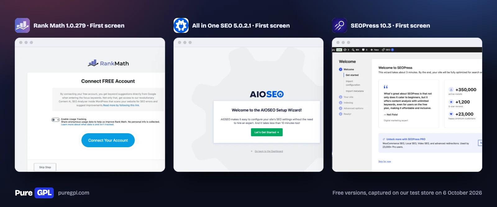 The first screen after activating each plugin: Rank Math asks to connect a free account, All in One SEO opens its setup wizard, SEOPress opens its setup wizard