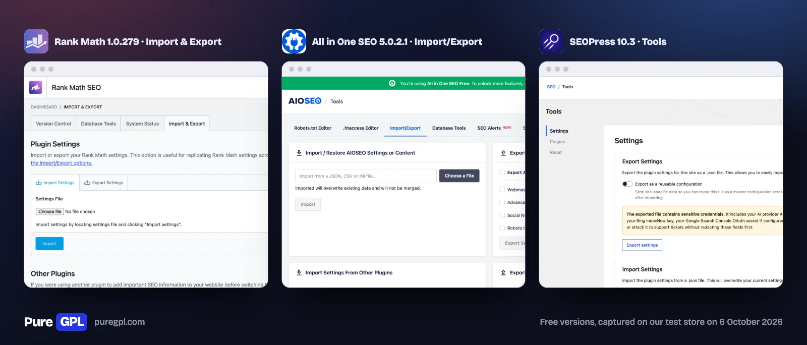 Import and export screens of Rank Math, All in One SEO and SEOPress