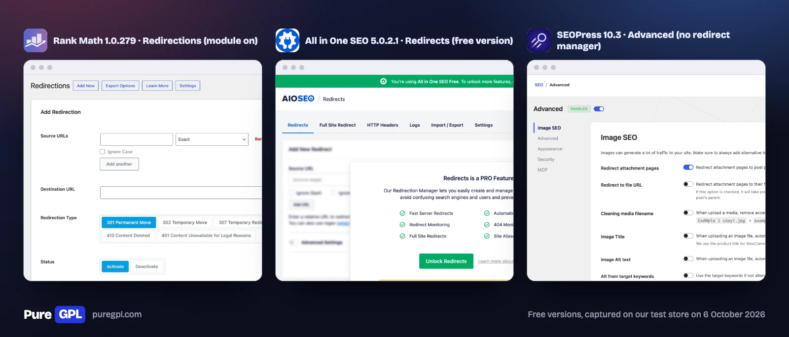 Rank Math's redirect form, All in One SEO's free Redirects screen with an upgrade notice, and SEOPress's Advanced settings